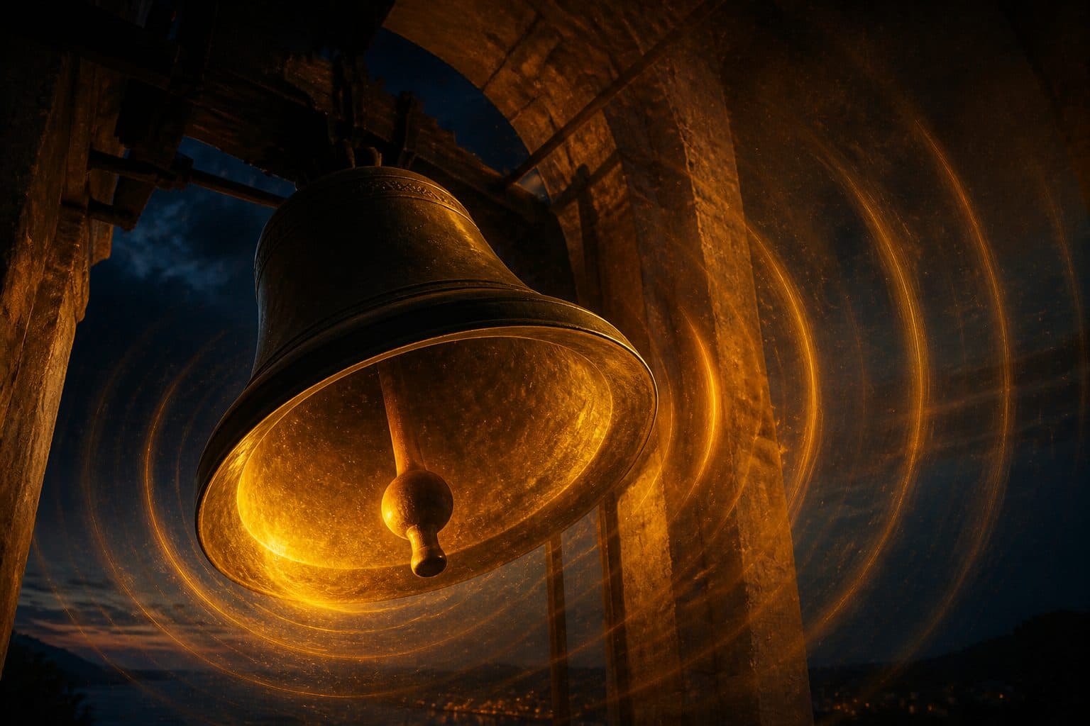 A close-up of the bronze bell inside a stone archway, glowing warm amber with faint sound-ripples in the air