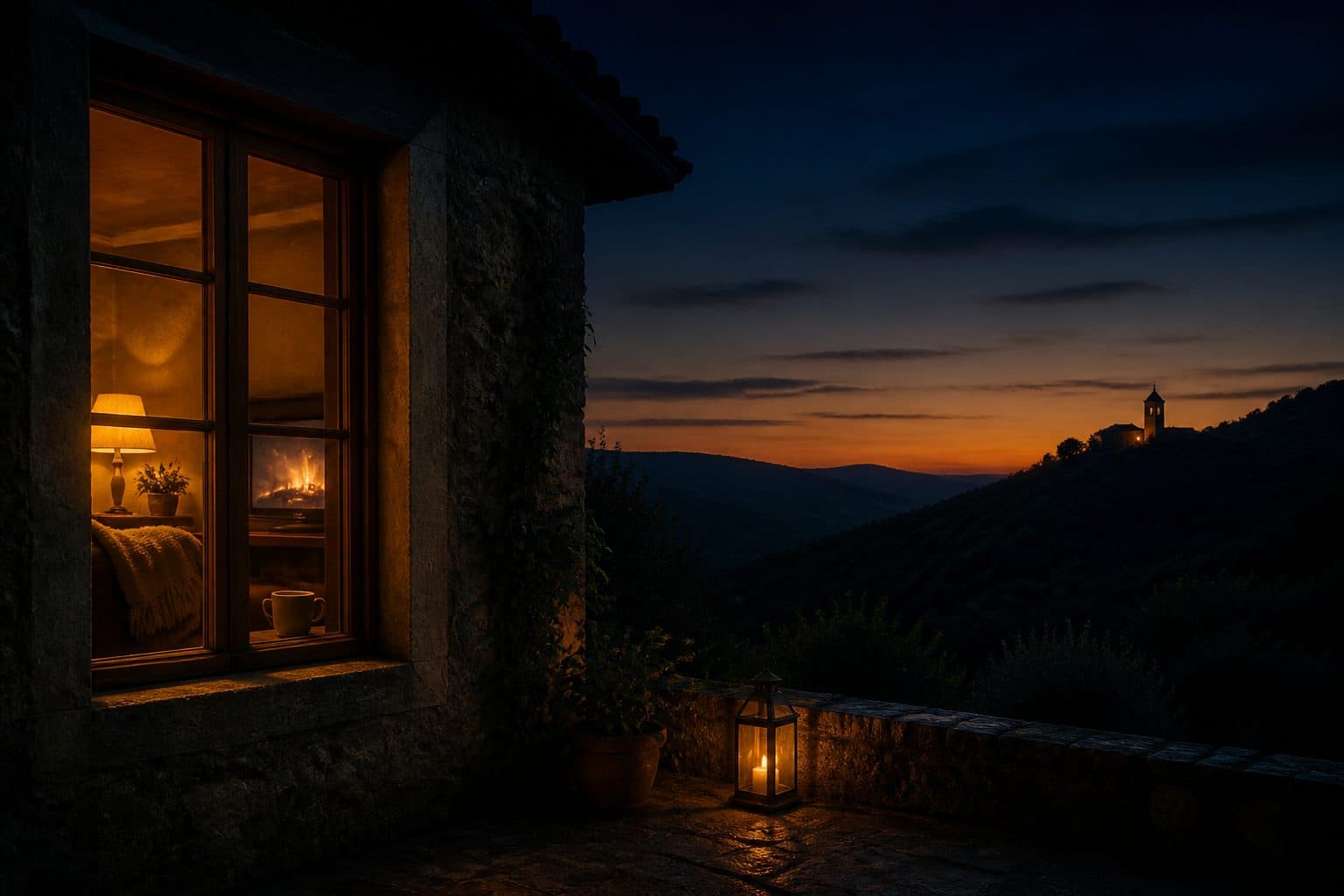 A lamp-lit cottage window at dusk with a mug on the sill, warm light spilling onto a stone terrace, and a small lit bell tower on the ridge beyond