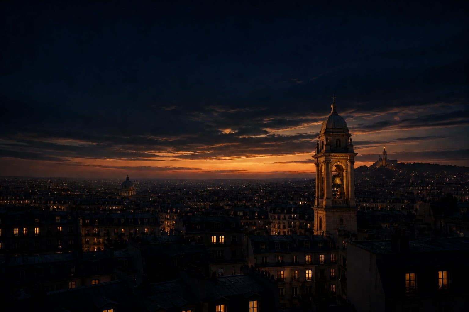 A glowing stone belfry rising over a city of warm lit windows at blue hour, under a deep dusk sky burning gold at the horizon